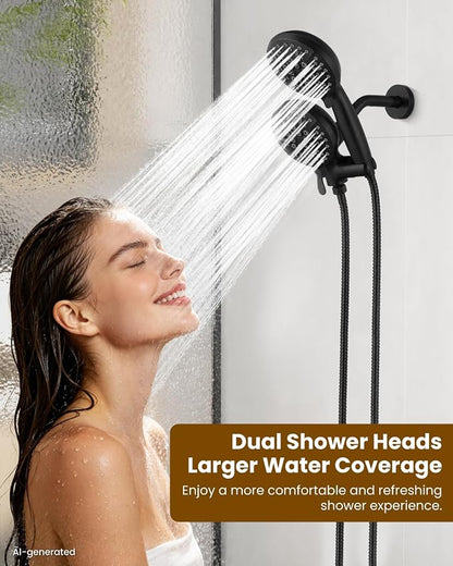 gotonovo Dual Shower Head with Valve 6 Mode Handheld Spray Matte Black | 6 Mode ABS Rain Head with Handheld Spray,2 in 1 Bathroom Trim Kit,Shower Head and Handle Set,Brass Rough-in Valve,Wall Mount