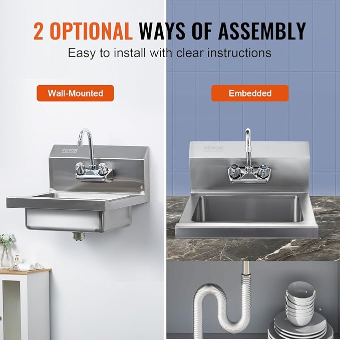 VEVOR Commercial Hand Sink with Faucet, Stainless Steel Sink for Washing, Small Washing Sinks, Wall Mount Hand Basin, Utility Sink for Restaurant, Kitchen, Bar, Garage and Home, 17 x 15 inch
