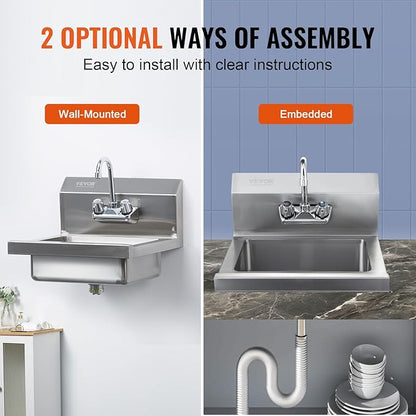 VEVOR Commercial Hand Sink with Faucet, Stainless Steel Sink for Washing, Small Washing Sinks, Wall Mount Hand Basin, Utility Sink for Restaurant, Kitchen, Bar, Garage and Home, 17 x 15 inch