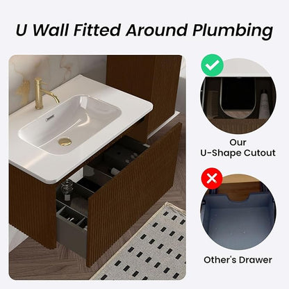 30 Inch Bathroom Vanity with Sink, Modern Floating Vanity with Push Open Soft Close Drawer, Large Storage for Small Space, Brushed Black Oak, Fully Assembled - Camellia Collection