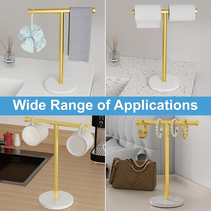 Hand Towel Holder for Bathroom Vanity, Freestanding Towel Stand, Gold | T-shape Stainless Steel Towel Rack with Heavy Marble Base for Hand Towels on Bathroom Vanities, Guest Baths or Counters