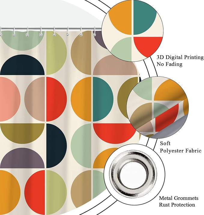 Mid Century Modern Shower Curtain, Colorful Boho Geometric Abstract Vintage Shower Curtains for Bathroom, Colorful Unique Pattern Polyester Fabric Shower Curtain Set 12 Hooks 72X72IN