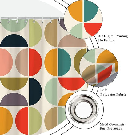 Mid Century Modern Shower Curtain, Colorful Boho Geometric Abstract Vintage Shower Curtains for Bathroom, Colorful Unique Pattern Polyester Fabric Shower Curtain Set 12 Hooks 72X72IN