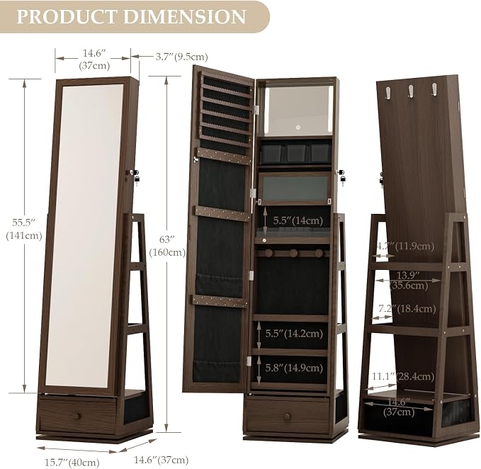 Swivel Full Length Mirror Jewelry Cabinet Standing With Built-In Mirror - 63.7”H Lockable Storage Jewelry Armoire With Mirror Drawers 3 Storage Racks Christmas Gift for Women Brown