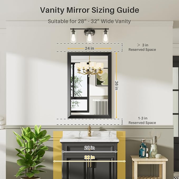 2-Pack 24x36 Inch Black Bathroom Mirror for Wall, Thick Metal Framed Rectangle Mirrors for Over Sink, Bedroom, Living Room, Entryway, Anti-Rust, HD Tempered Glass