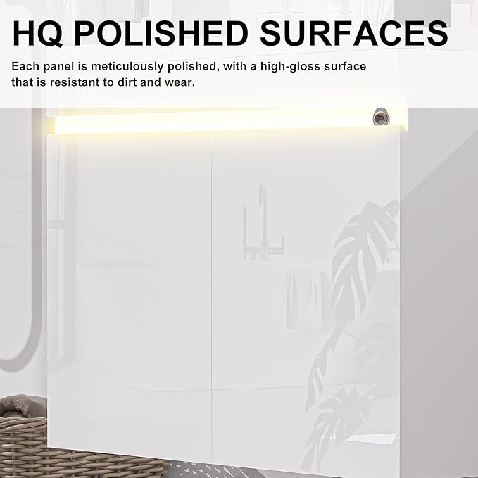 AHB 24 inch Bathroom Vanity W/Sink Combo, High Gloss Bathroom Cabinet, Smart Wall Mounted Sink Cabinet Auto Motion Sensor LED Light, Modern Floating Vanity with Faucet