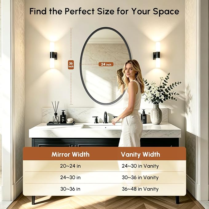 Black Oval Bathroom Mirror 24x36 Inch | Vanity Wall Mirror, Crystal-Clear HD Glass, Rust-Proof Aluminum Frame, Inner-Curved Decor for Bedroom, Entryway Renovation