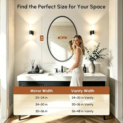 Black Oval Bathroom Mirror 24x36 Inch | Vanity Wall Mirror, Crystal-Clear HD Glass, Rust-Proof Aluminum Frame, Inner-Curved Decor for Bedroom, Entryway Renovation