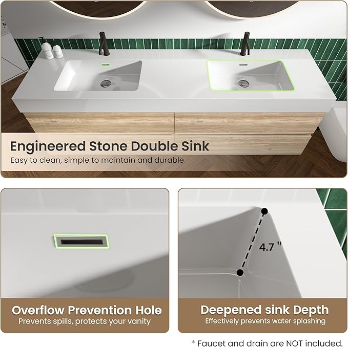 72" Floating Bathroom Vanity with Sink Combo, Modern Floating Double Sink Bathroom Vanity with Engineered Stone Tops & 4 Soft-Closing Drawers, Large Storage for Powder Room, Apartment, Rough Oak