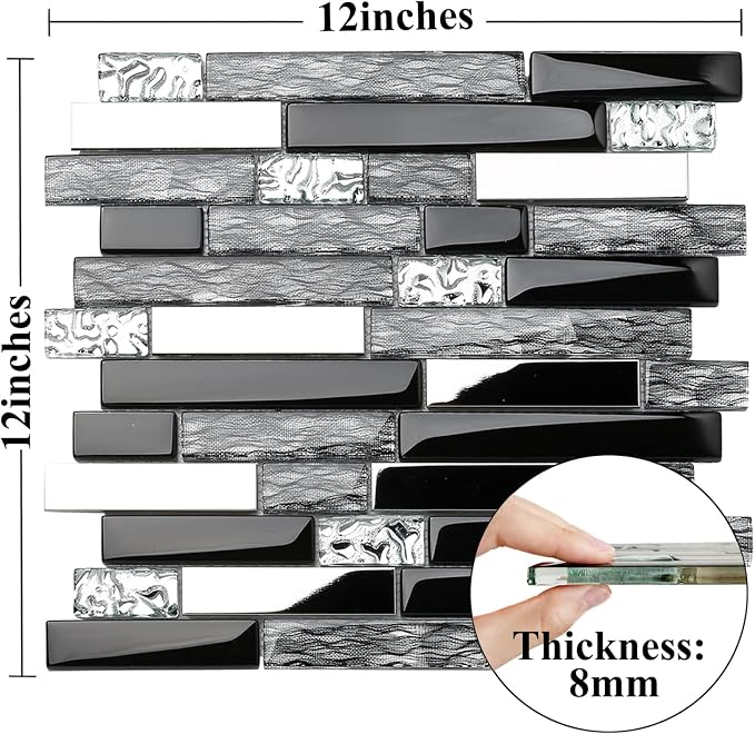 Glass Metal Tiles Art Mosaic Silk Black Crystal Glass Chrome Silver Steel Accent Wall Border Kitchen Bath Backsplash Tile TSTNB12 (5 Square Feet)