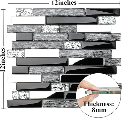 Glass Metal Tiles Art Mosaic Silk Black Crystal Glass Chrome Silver Steel Accent Wall Border Kitchen Bath Backsplash Tile TSTNB12 (5 Square Feet)
