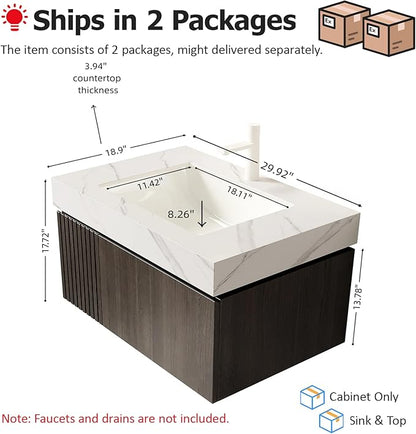 Ambrovina 30" Floating Bathroom Vanity with Sink, Plywood Storage Bathroom Vanities with Drawer and Door, Carrara White Sintered Stone Top and Ceramic Basin, Pre-Assembled Cabinet, Espresso Woodgrain