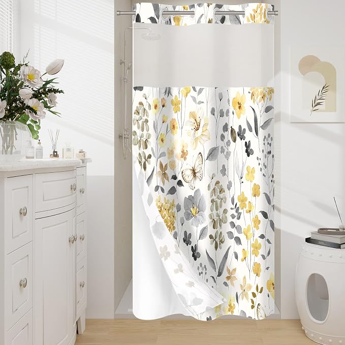 No Hook Yellow Watercolor Floral Shower Curtain and Liner Set, 36x74 | Spring Flower Shower Curtains with Snap-in Liner for Farmhouse Bathroom Decor, Botanical Bathroom Curtain with Leaves