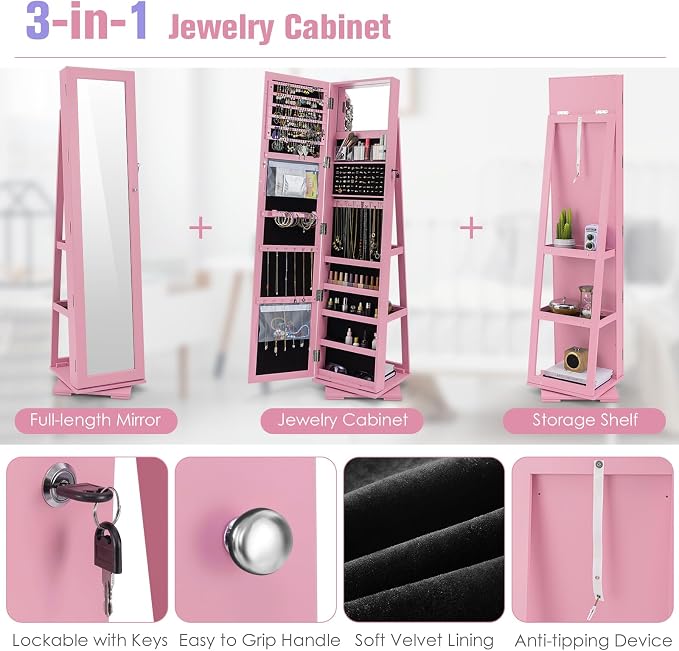 360° Rotating Jewelry Armoire, Freestanding Jewelry Cabinet with Inside Makeup Mirror, 2-in-1 Lockable Jewelry Organizer w/Full-Length Mirror for Women (Pink)