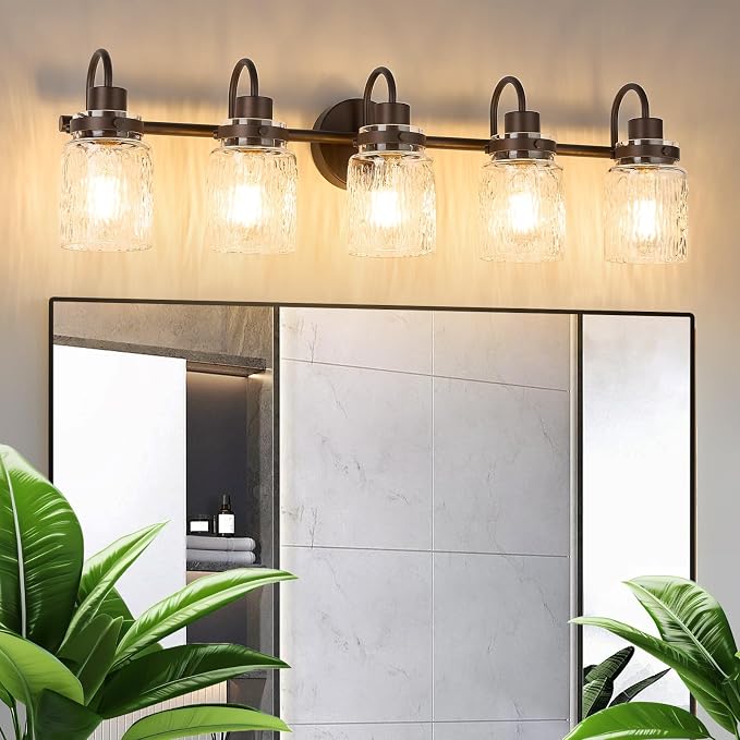 5 Lights Bathroom Vanity Light, Oil Rubbed Bronze Bathroom Light Fixtures with Hammered Glass Lampshade for Dressing Table,Over Mirror,Hallway