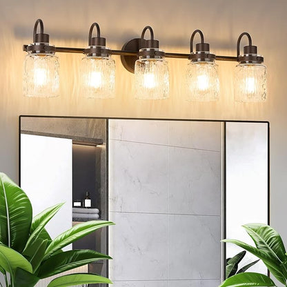 5 Lights Bathroom Vanity Light, Oil Rubbed Bronze Bathroom Light Fixtures with Hammered Glass Lampshade for Dressing Table,Over Mirror,Hallway
