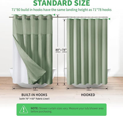 eachope No Hook Boho Arch Shower Curtain with Snap-in Liner Set,71x80,Green | 230GSM Thick Fabric,Easy to Install,Sheer Window,Magnetic Weighted Hem,Waterproof & Machine Washable,for Bathroom,Hotel