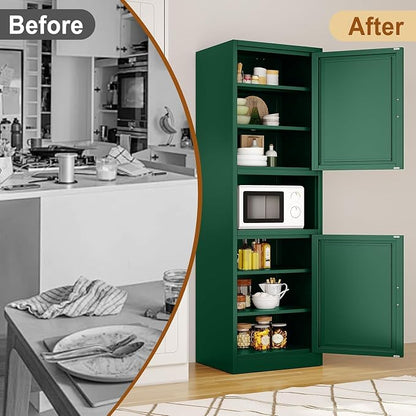 Tall Metal Narrow Bathroom Storage Cabinet 67" H, Tall Green Pantry Cabinets with 4 Adjustable Shelves and 2 Doors for Kitchen, Home Office, Living Room, Dining Room(20 inches Wide)