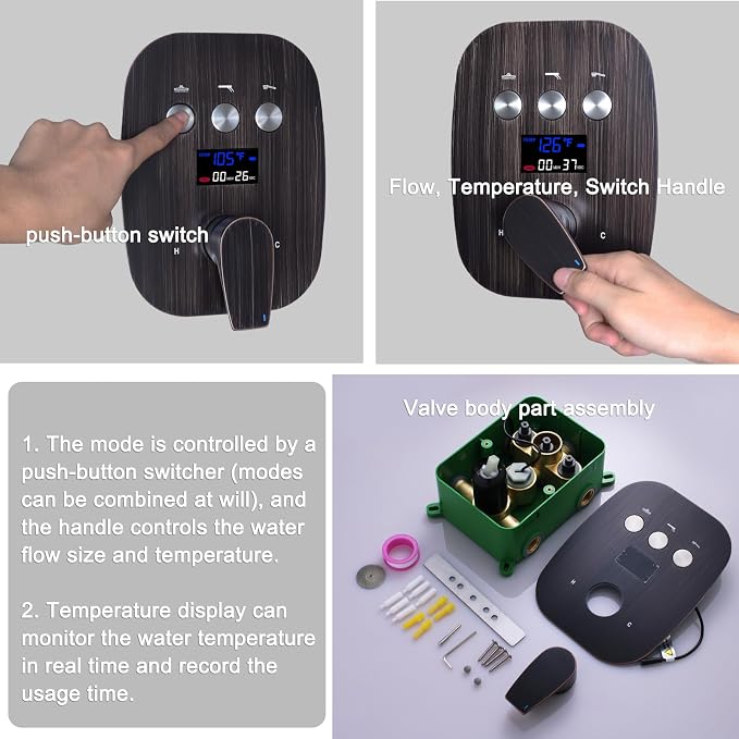 Oil Rubbed Bronze Shower System with 2 Rain Shower Head(12+8 inch), Handheld Shower, with Digital Temperature Display Function