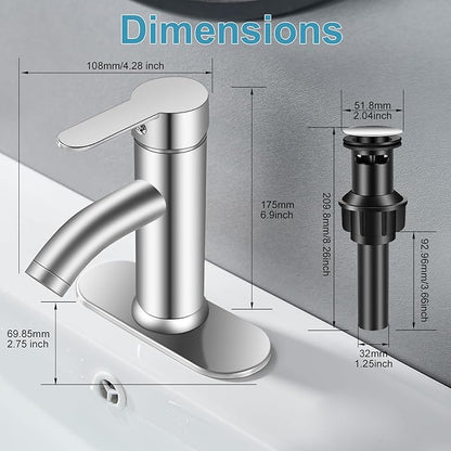 Brushed Nickel Bathroom Faucet Single Handle for 1 or 3 Hole Bathroom Sink Faucet with Deck Pop-up Drain and Supply Pipe,for Mixing wash Basin, RV