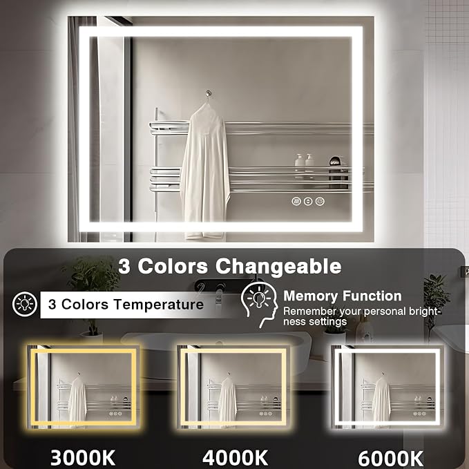 EchosLife 40"x30" LED Lights Bathroom Mirror | Backlit + Front Lit, Anti-Fog, Stepless Dimmable, 3 Colors, Memory, Tempered Glass, UL Listed, Horizontal/Vertical