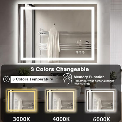 EchosLife 40"x30" LED Lights Bathroom Mirror | Backlit + Front Lit, Anti-Fog, Stepless Dimmable, 3 Colors, Memory, Tempered Glass, UL Listed, Horizontal/Vertical