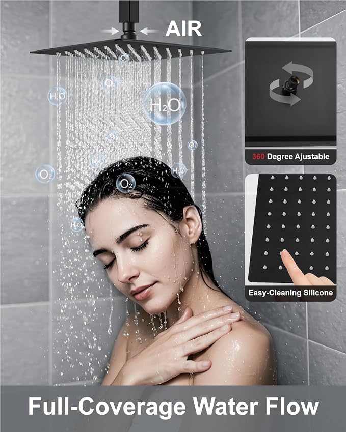 Aolemi Shower System with Rain Head and Handheld,12-Inch,Matte Black | High-Pressure Shower Faucet Set with Dual-Function Handheld,Rough-In Valve,1.8 GPM,Ceiling Mount Trim Kit