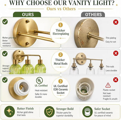 2-Light Gold Brass Bathroom Light Fixture,Wall Sconces,Brushed Gold Vanlity Light Over Mirror,Bathroom Vanity Light with Green Glass Flower Shade,E26 Socket(Bulbs Not Included)
