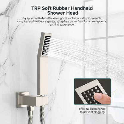 SR SUN RISE Shower Faucet Set & System - 12 Inch Rainfall Shower Head & Handle Set Wall Mounted Brushed Nickel Solid Brass Valve Trim Kit Included