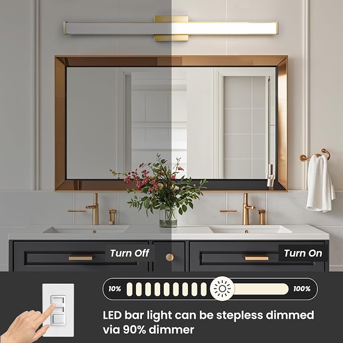 Modern LED Bathroom Vanity Light 36 inch 24W Dimmable 3CCT Bathroom Light Fixture Over Mirror Rectangle Bath Vanity Light Bar with Double Layer Acrylic Shade (Golden)