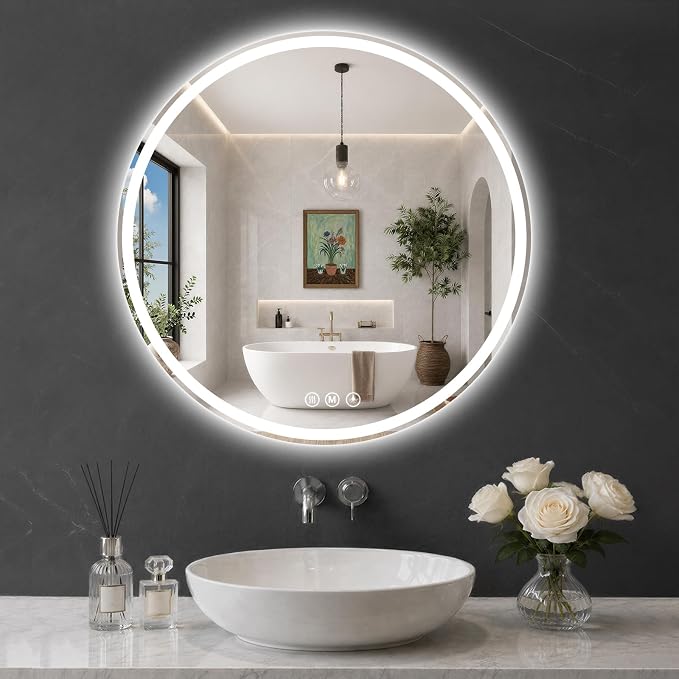 Round LED Bathroom Mirror, 32 Inch, HD Shatterproof Tempered Glass | Lighted Bathroom Mirror with Dimmable Lights Bathroom Mirror with Lights for Wall, 3 Color Temperatures