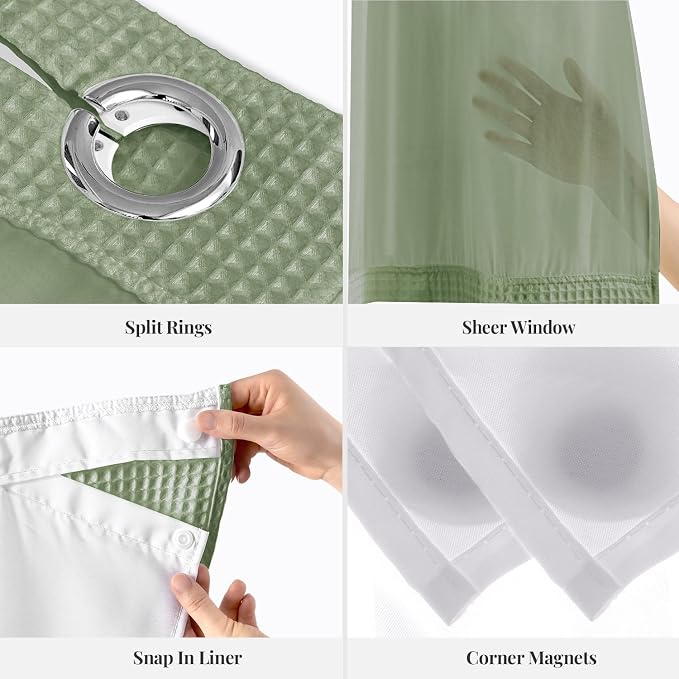 River Dream Cotton Blend Fabric Shower Curtain Set with Liner, Sage, 71x86 | Waffle Weave, No Hook Needed, with Snap in Replacement Liner, Top Sheer Window, Hotel Quality for Bathroom, Extra Long