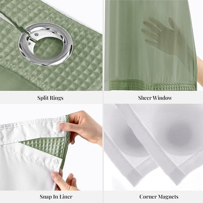 River Dream Cotton Blend Fabric Shower Curtain Set with Liner, Sage, 71x74 | Waffle Weave, No Hook Needed, with Snap in Replacement Liner, Top Sheer Window, Hotel Quality Fabric for Bathroom
