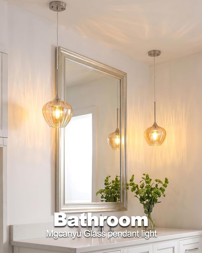 Amber Pendant Lights Kitchen Island, 7.7" Modern Glass Adjustable Pendant Lighting Brushed Nickel Hanging Light Fixtures for Kitchen, Dining Room, Sink, Bathroom