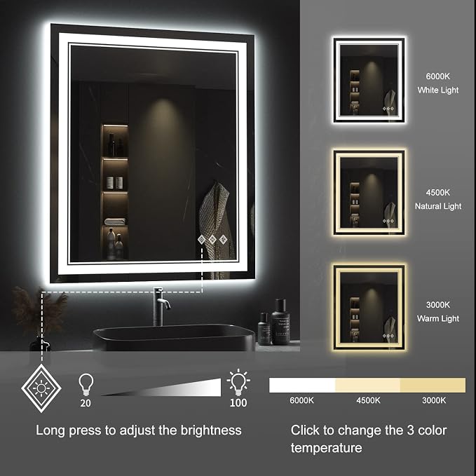 Lighted Mirror, 30x36 Inch Gradient Front and Backlit LED Mirror, 3 Colors Dimmable CRI>90 Double Lights, IP54 Enhanced Anti-Fog, Hanging Plates Wall Mount LED Bathroom Mirror