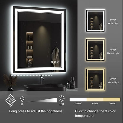 Lighted Mirror, 30x36 Inch Gradient Front and Backlit LED Mirror, 3 Colors Dimmable CRI>90 Double Lights, IP54 Enhanced Anti-Fog, Hanging Plates Wall Mount LED Bathroom Mirror