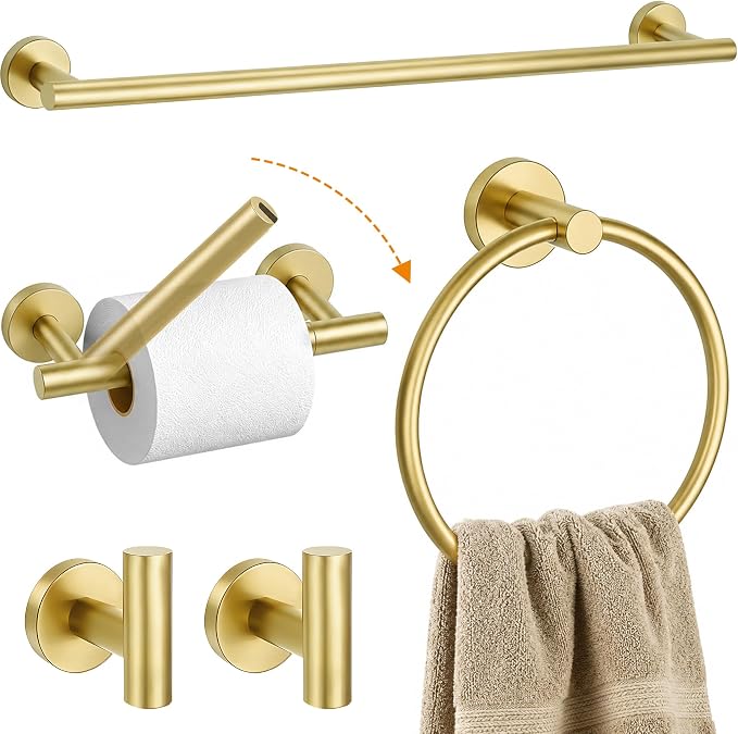 5 Piece Brushed Gold Bathroom Hardware Accessories Set, 24" Towel Bar Set | Bathroom Towel Rack Set with Wall Mounted SUS304 Stainless Steel , Double Post Toilet Paper Holder, Towel Ring & Robe Hooks