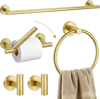 5 Piece Brushed Gold Bathroom Hardware Accessories Set, 24" Towel Bar Set | Bathroom Towel Rack Set with Wall Mounted SUS304 Stainless Steel , Double Post Toilet Paper Holder, Towel Ring & Robe Hooks