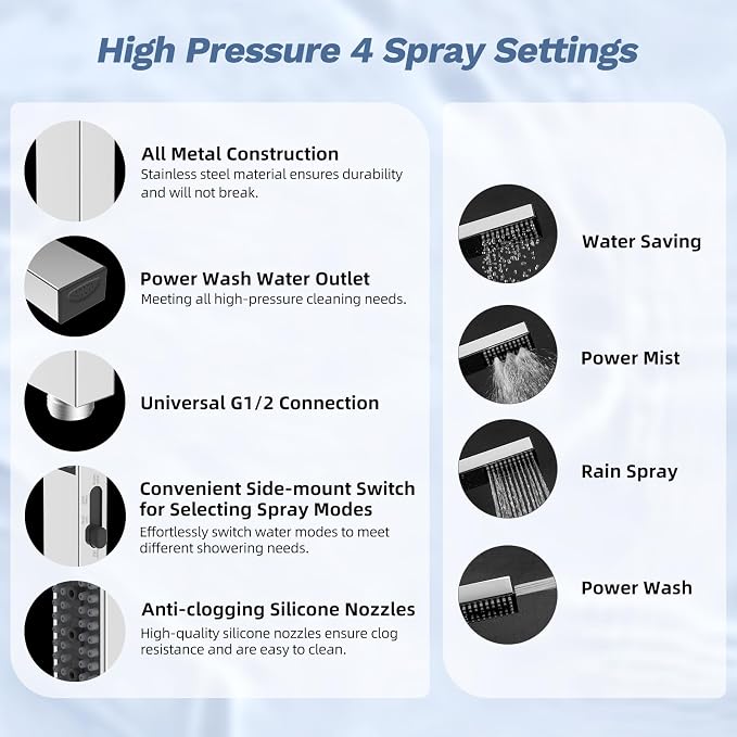 Hibbent 5-spray Filtered Rain Shower Head, 4-Spray Shower Wand, Chrome | cUPC Certified High Pressure Rain Shower head Combo, All Metal 4-way Diverter with Extension Arm, 71'' Hose & Holder