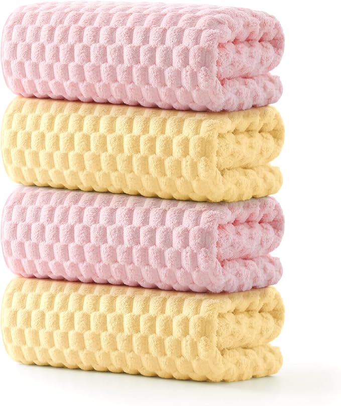 REDKISS Microfiber Bath Towels Set of 4-27x55 Inch Large Waffle Bath Towels for Body, Highly Absorbent, Super Soft, Lint Free Fluffy Shower Towel for Bathroom,Gym, Lightweight Towel Set Pink,Yellow