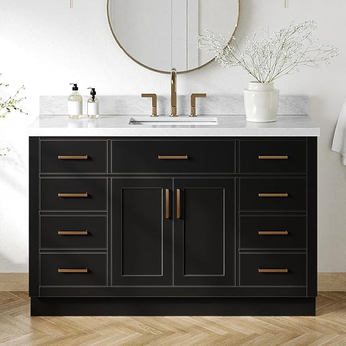DKB Isabella 54-Inch Black Bathroom Vanity with Sink, 1.5-Inch Carrara White Marble Countertop, 4" Backsplash, Rectangle Sink, Soft-Close Solid Wood Cabinet, Premium Hardware