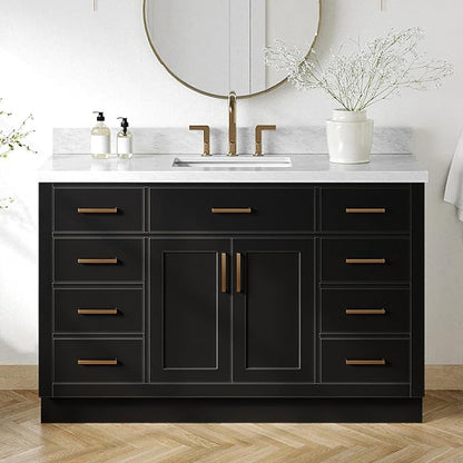 DKB Isabella 54-Inch Black Bathroom Vanity with Sink, 1.5-Inch Carrara White Marble Countertop, 4" Backsplash, Rectangle Sink, Soft-Close Solid Wood Cabinet, Premium Hardware