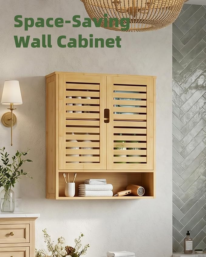 SMIBUY Bathroom Cabinet Wall Mounted, Bamboo Over-The-Toilet Storage Organizer, Space Saver Medicine Cabinet with 2 Door and Adjustable Shelves (Natural)