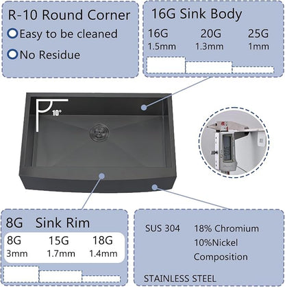Black Farmhouse Sink 33 Inch, 33x22 Apron Front Farmhouse Kitchen Sink, 16 Gauge Stainless Steel Undermount Deep Single Bowl Luxury Rustic Farm Sinks with Dish Grid and Drainer
