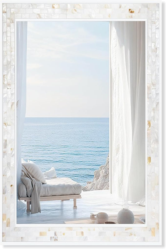 Tanmicoshomy White 24 x 36 Inch Rectangle Bathroom Mirrors for Wall, Natural Shell Framed Wall Mounted Mirror for Bedroom, Living Room or Entryway, Horizontal or Vertical Hanging