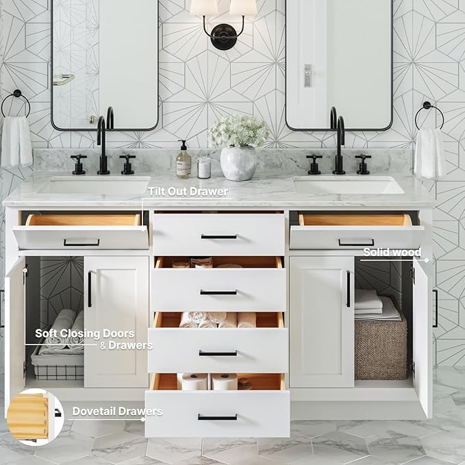 ARIEL Hepburn 66-inch Bathroom Vanity with Sink,Solid Wood, 0.75-inch Italian Carrara Marble Countertop, Double Rectangular Porcelain Sink, 4 Soft Closing Doors, 6 Dovetail Drawers, White