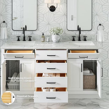 ARIEL Hepburn 66-inch Bathroom Vanity with Sink,Solid Wood, 0.75-inch Italian Carrara Marble Countertop, Double Rectangular Porcelain Sink, 4 Soft Closing Doors, 6 Dovetail Drawers, White