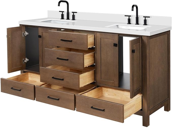 ARIEL Cambridge 66-inch Bathroom Vanity with Sink,Solid Wood, 1.5-inch Pure White Quartz Countertop, Double Rectangular Porcelain Sink, 4 Soft Closing Doors, 6 Dovetail Drawers, Brown Oak