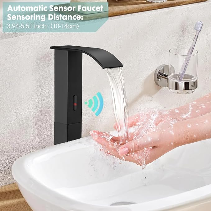 Touchless Bathroom Sink Faucets for 1 Hole, Hands-Free Automatic Motion Sensor Faucets with Tall Body,Black Waterfall Sink Faucets for Bathroom (Tall Body, Black)