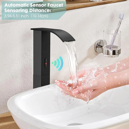 Touchless Bathroom Sink Faucets for 1 Hole, Hands-Free Automatic Motion Sensor Faucets with Tall Body,Black Waterfall Sink Faucets for Bathroom (Tall Body, Black)